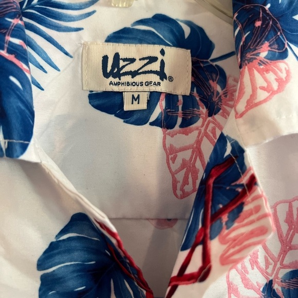 Uzzi Hawaiian Shirt Men’s Medium Flamingo Beach Aloha Casual Camp Blue Pink - Picture 3 of 8